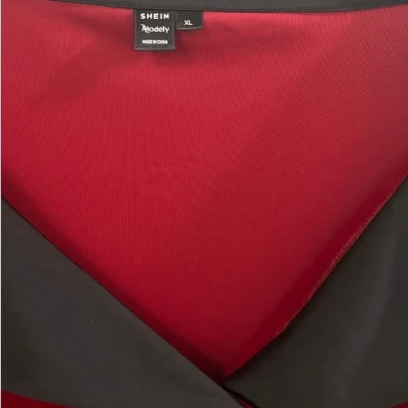 SHEIN Modely Puff Long Sleeve Velour Midi Red Dress w/Satiny Black Collar, Sz XL - Picture 7 of 15